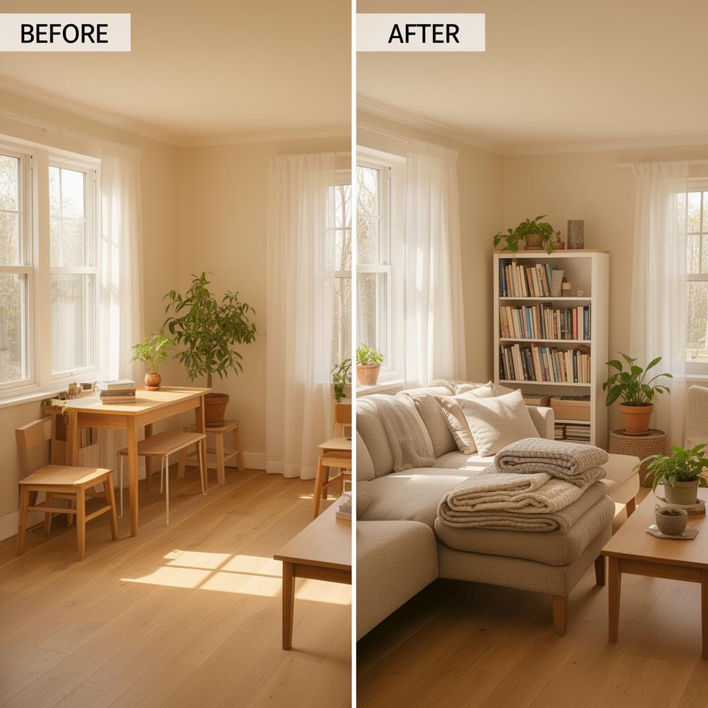A bright, decluttered living room after using the Reset Zone method